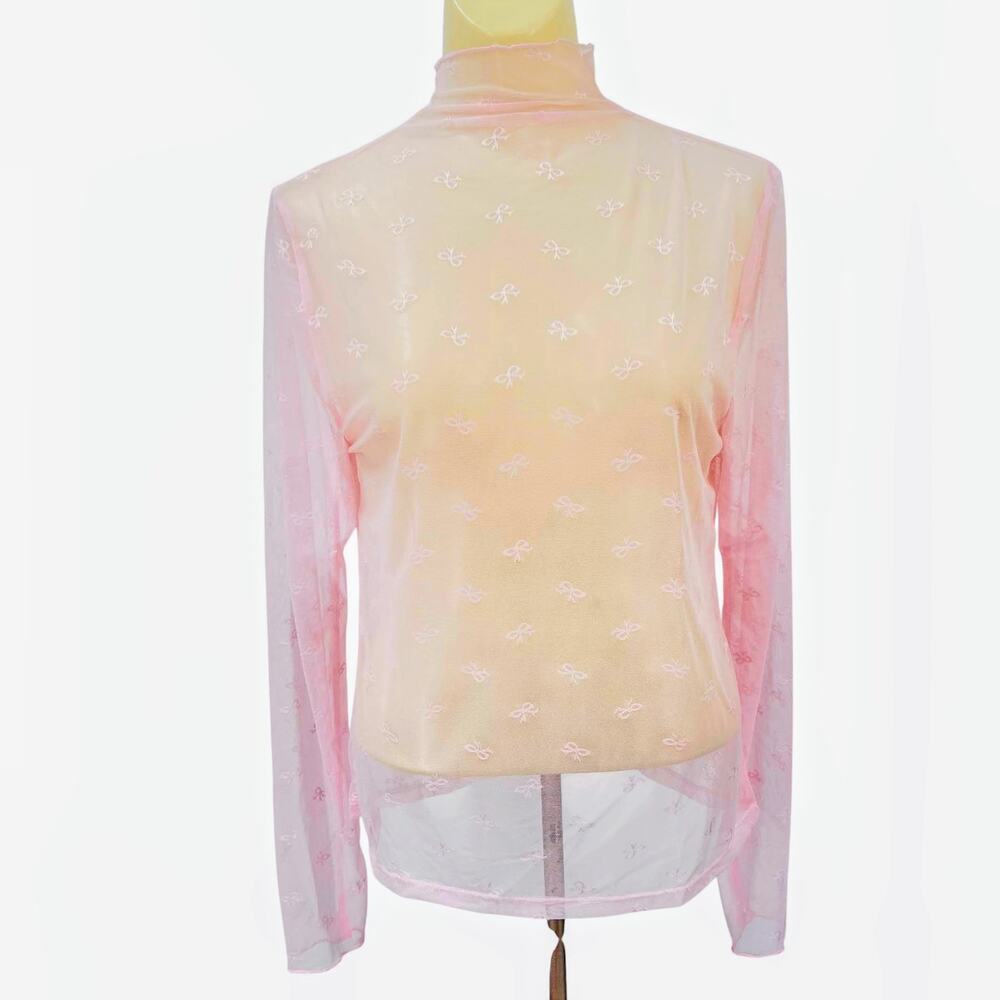 NWT Stretchy Pink Mesh Lace With Embroidered Bows Layering Top By SERRA L